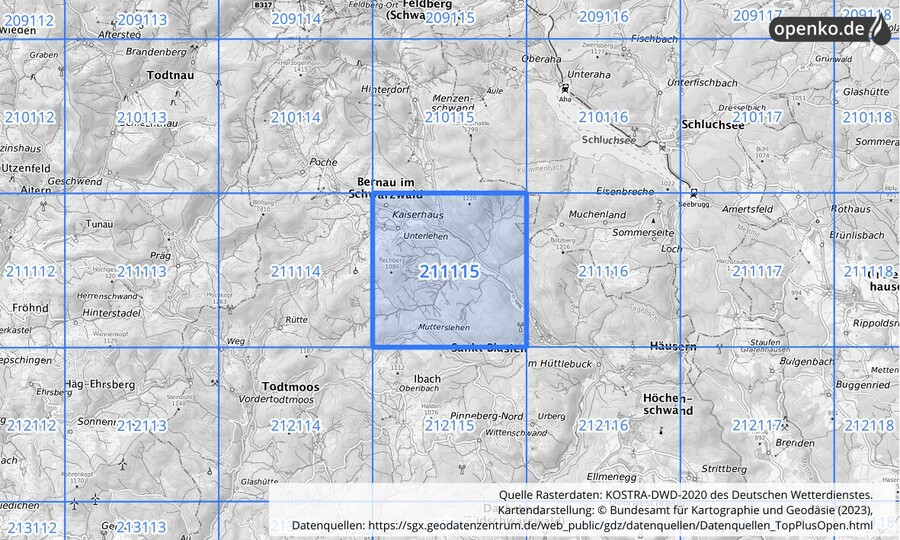 Übersichtskarte des KOSTRA-DWD-2020-Rasterfeldes Nr. 211115
