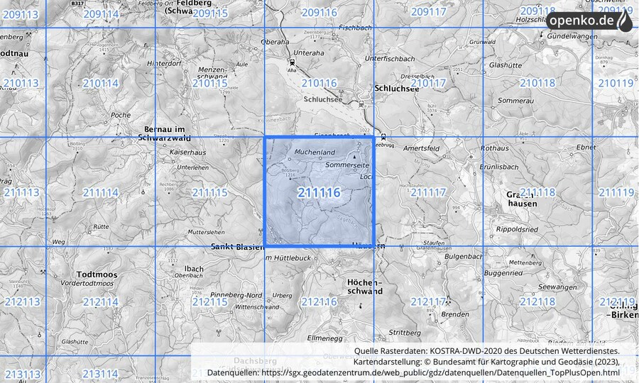 Übersichtskarte des KOSTRA-DWD-2020-Rasterfeldes Nr. 211116