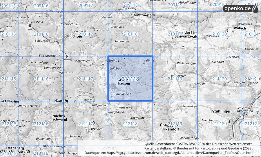 Übersichtskarte des KOSTRA-DWD-2020-Rasterfeldes Nr. 211118