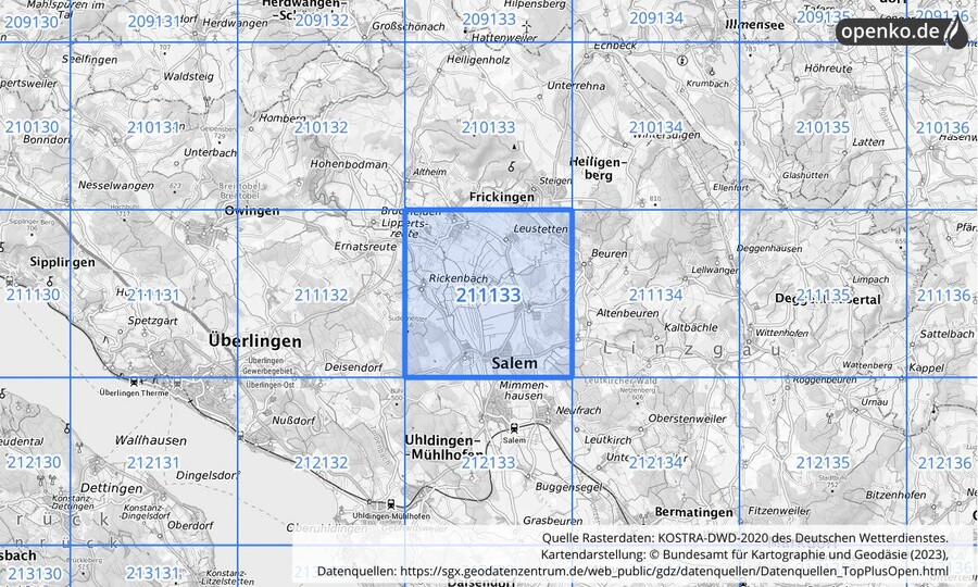 Übersichtskarte des KOSTRA-DWD-2020-Rasterfeldes Nr. 211133