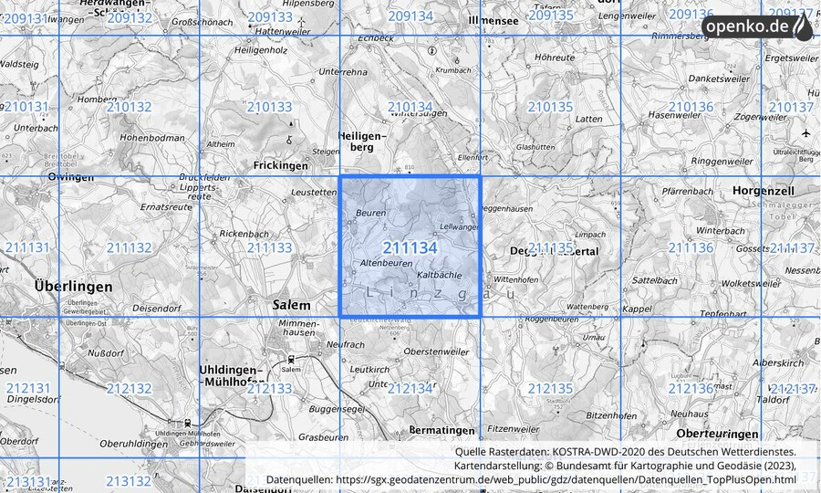 Übersichtskarte des KOSTRA-DWD-2020-Rasterfeldes Nr. 211134