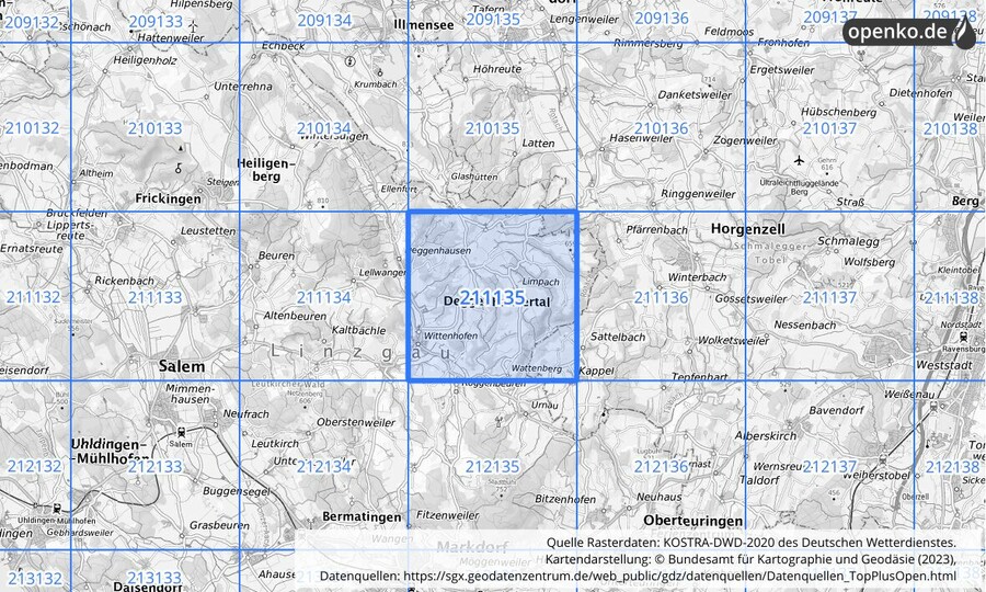 Übersichtskarte des KOSTRA-DWD-2020-Rasterfeldes Nr. 211135