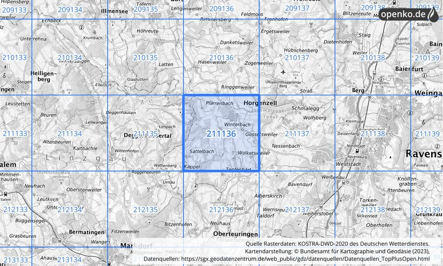 Übersichtskarte des KOSTRA-DWD-2020-Rasterfeldes Nr. 211136