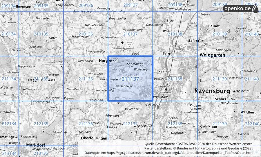 Übersichtskarte des KOSTRA-DWD-2020-Rasterfeldes Nr. 211137