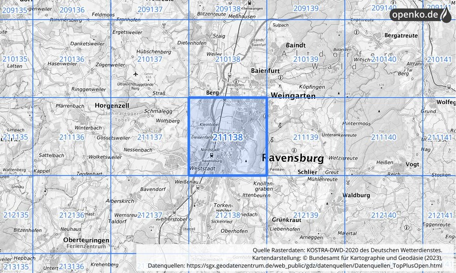Übersichtskarte des KOSTRA-DWD-2020-Rasterfeldes Nr. 211138