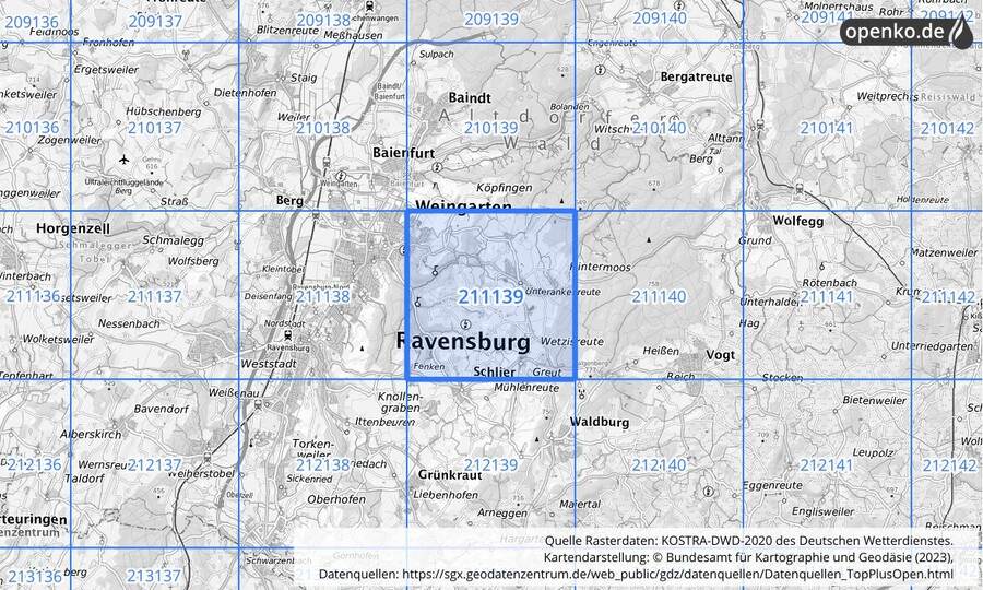 Übersichtskarte des KOSTRA-DWD-2020-Rasterfeldes Nr. 211139