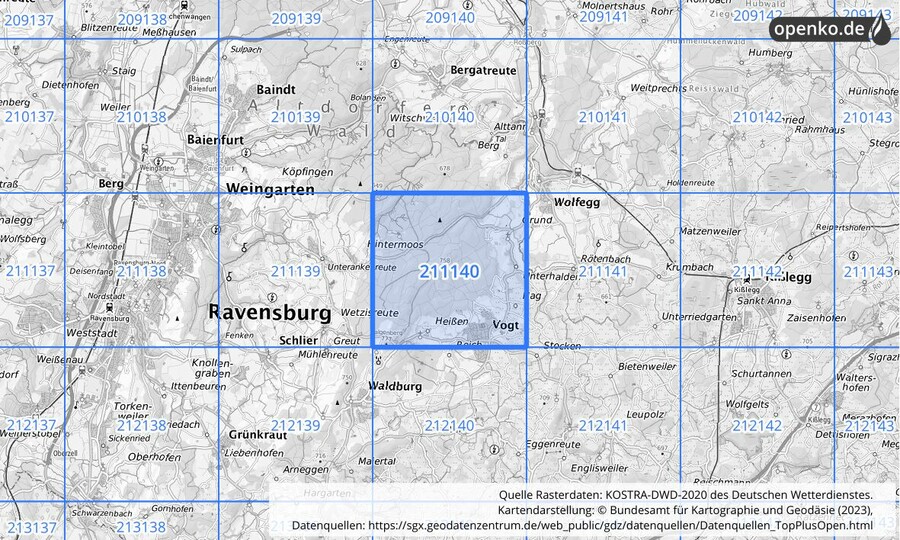 Übersichtskarte des KOSTRA-DWD-2020-Rasterfeldes Nr. 211140