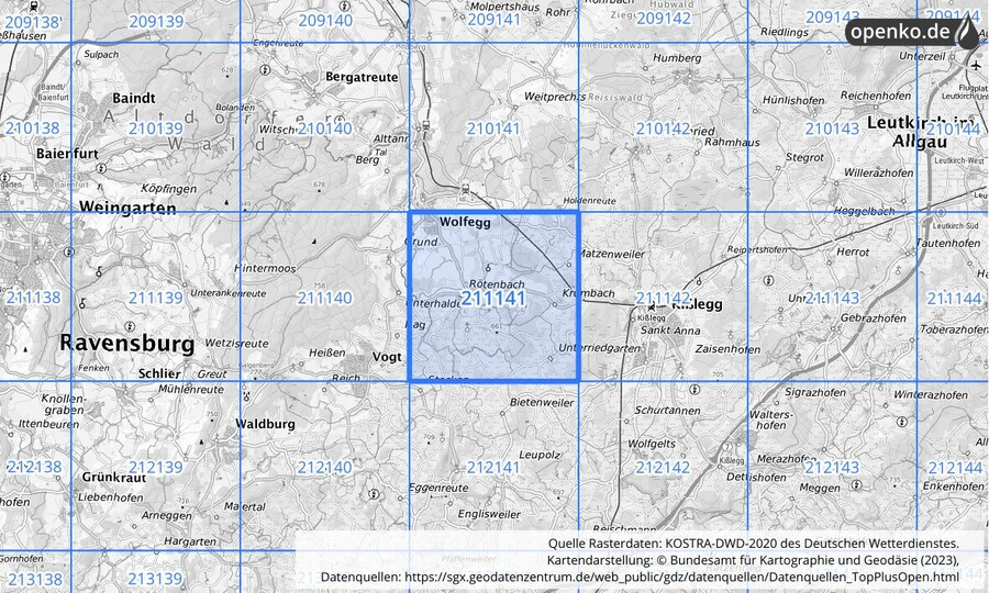 Übersichtskarte des KOSTRA-DWD-2020-Rasterfeldes Nr. 211141