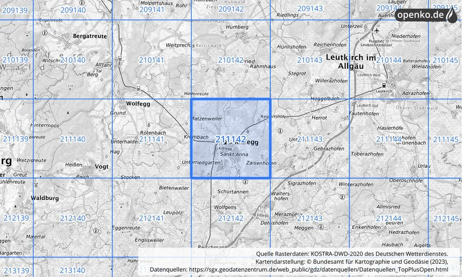 Übersichtskarte des KOSTRA-DWD-2020-Rasterfeldes Nr. 211142