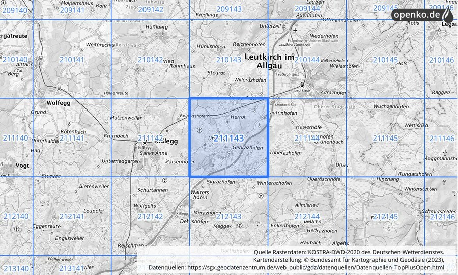 Übersichtskarte des KOSTRA-DWD-2020-Rasterfeldes Nr. 211143