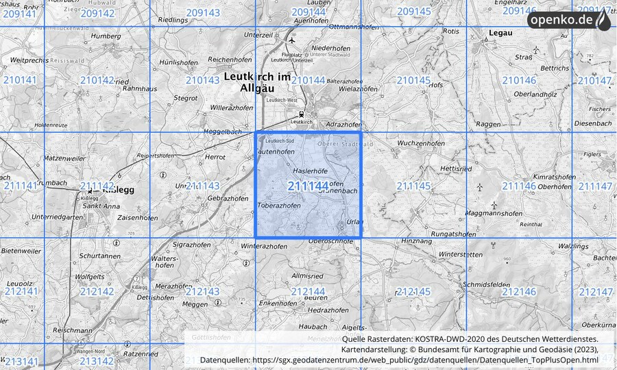 Übersichtskarte des KOSTRA-DWD-2020-Rasterfeldes Nr. 211144