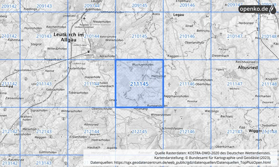 Übersichtskarte des KOSTRA-DWD-2020-Rasterfeldes Nr. 211145