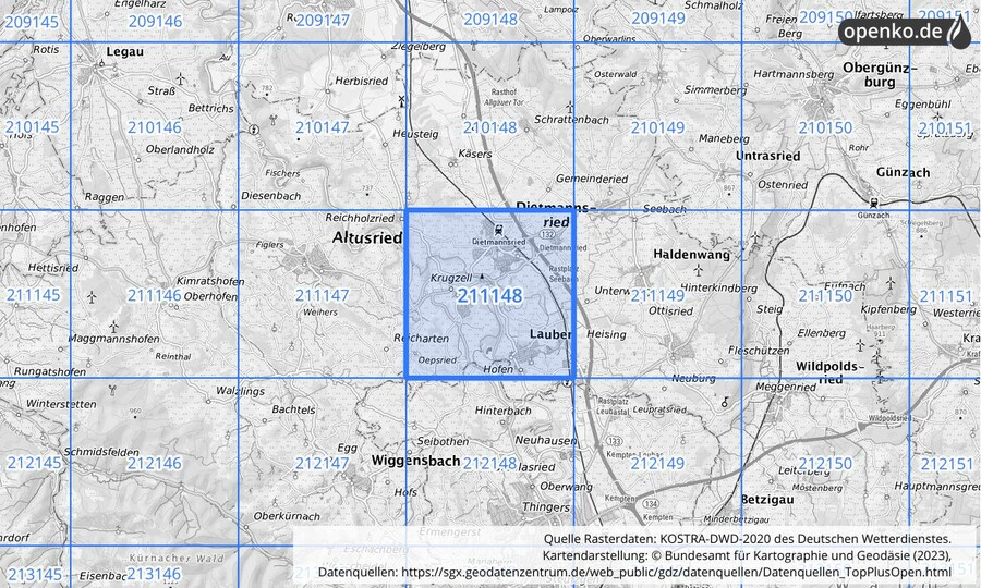 Übersichtskarte des KOSTRA-DWD-2020-Rasterfeldes Nr. 211148