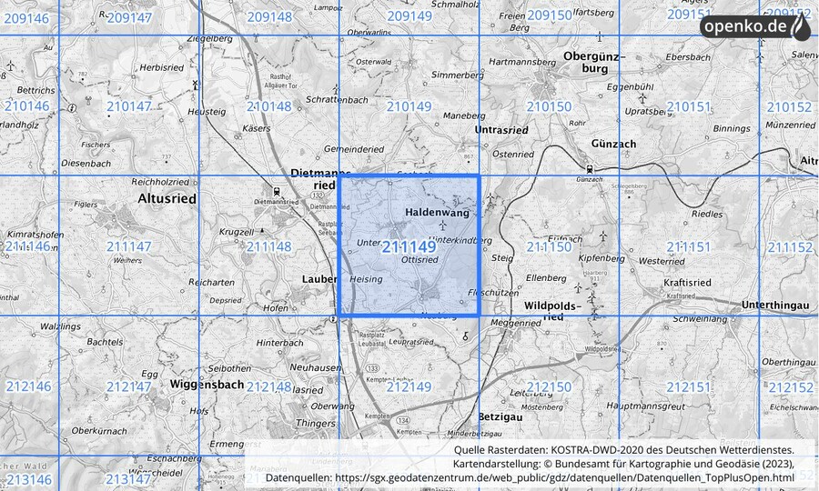 Übersichtskarte des KOSTRA-DWD-2020-Rasterfeldes Nr. 211149