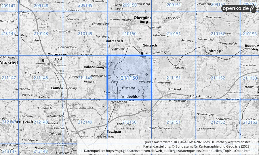 Übersichtskarte des KOSTRA-DWD-2020-Rasterfeldes Nr. 211150