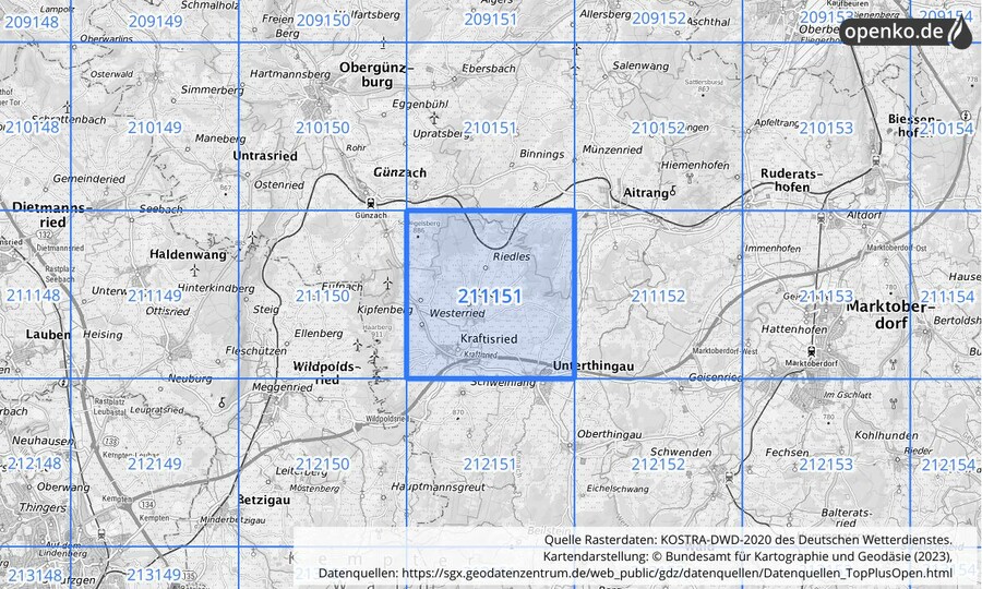 Übersichtskarte des KOSTRA-DWD-2020-Rasterfeldes Nr. 211151