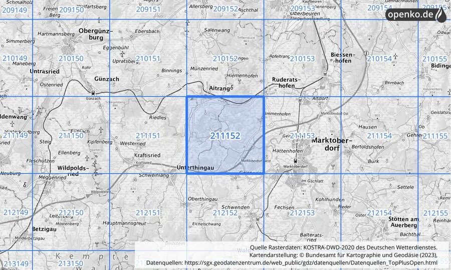 Übersichtskarte des KOSTRA-DWD-2020-Rasterfeldes Nr. 211152
