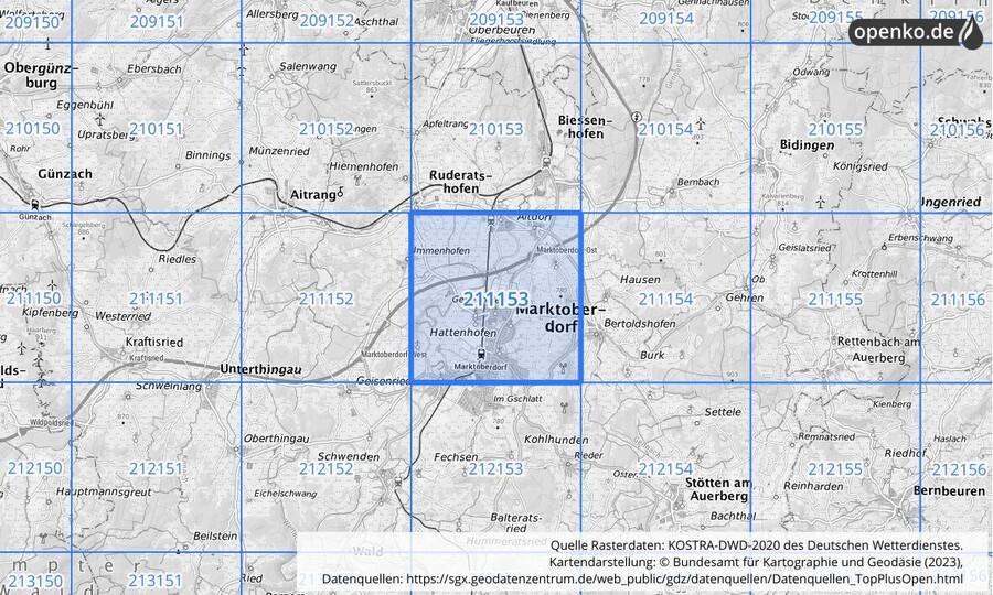 Übersichtskarte des KOSTRA-DWD-2020-Rasterfeldes Nr. 211153