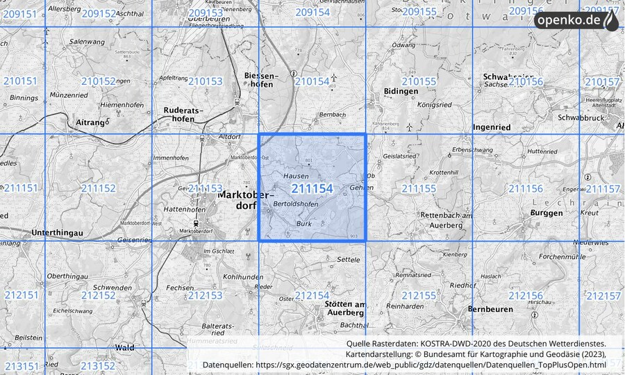 Übersichtskarte des KOSTRA-DWD-2020-Rasterfeldes Nr. 211154