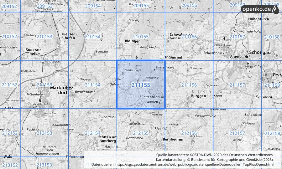 Übersichtskarte des KOSTRA-DWD-2020-Rasterfeldes Nr. 211155