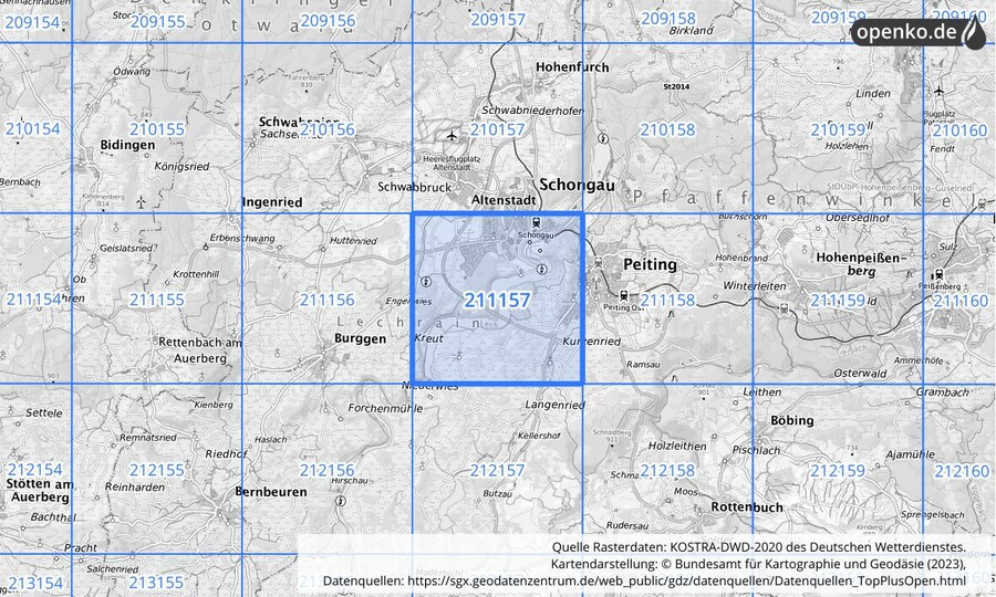 Übersichtskarte des KOSTRA-DWD-2020-Rasterfeldes Nr. 211157
