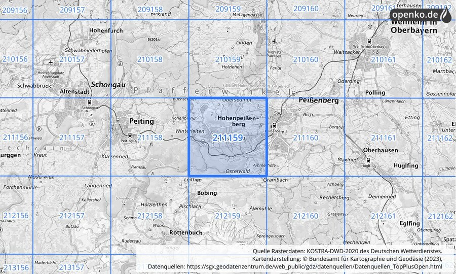 Übersichtskarte des KOSTRA-DWD-2020-Rasterfeldes Nr. 211159