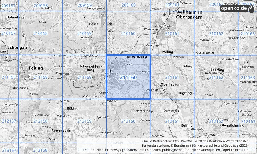 Übersichtskarte des KOSTRA-DWD-2020-Rasterfeldes Nr. 211160