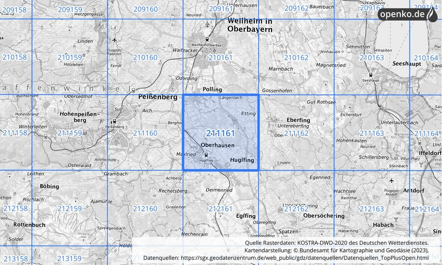 Übersichtskarte des KOSTRA-DWD-2020-Rasterfeldes Nr. 211161