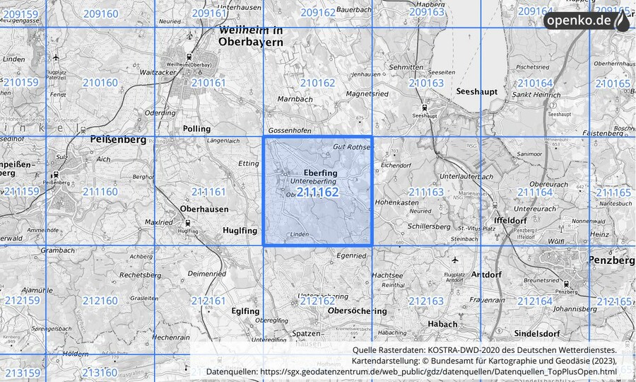 Übersichtskarte des KOSTRA-DWD-2020-Rasterfeldes Nr. 211162