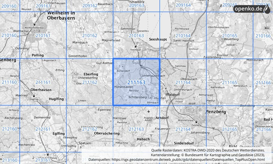 Übersichtskarte des KOSTRA-DWD-2020-Rasterfeldes Nr. 211163