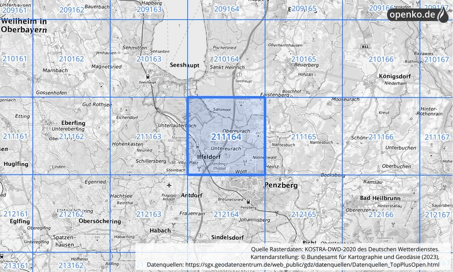 Übersichtskarte des KOSTRA-DWD-2020-Rasterfeldes Nr. 211164