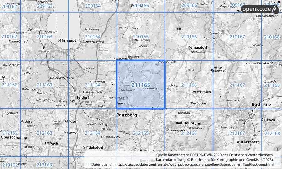 Übersichtskarte des KOSTRA-DWD-2020-Rasterfeldes Nr. 211165
