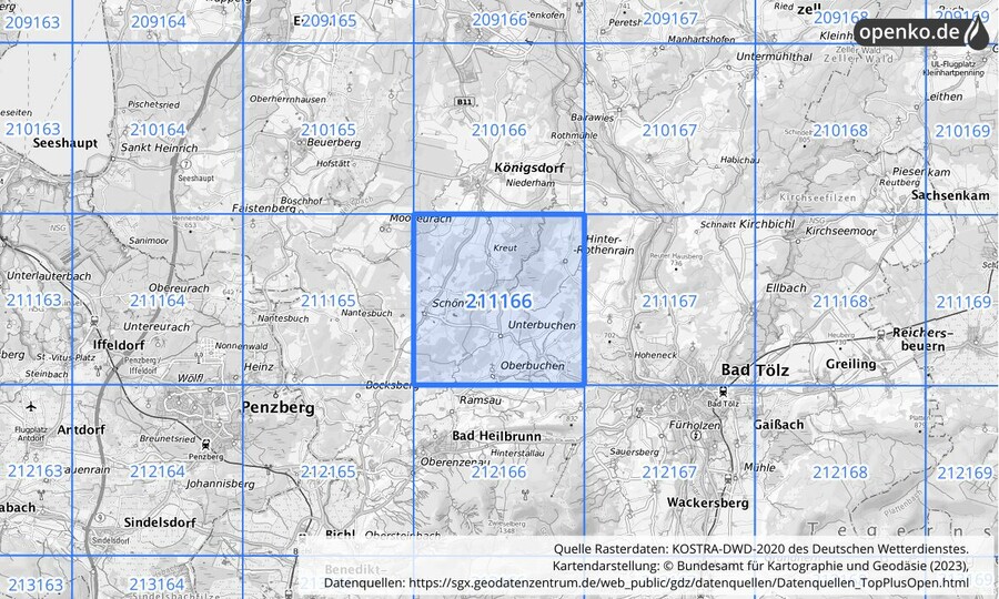 Übersichtskarte des KOSTRA-DWD-2020-Rasterfeldes Nr. 211166