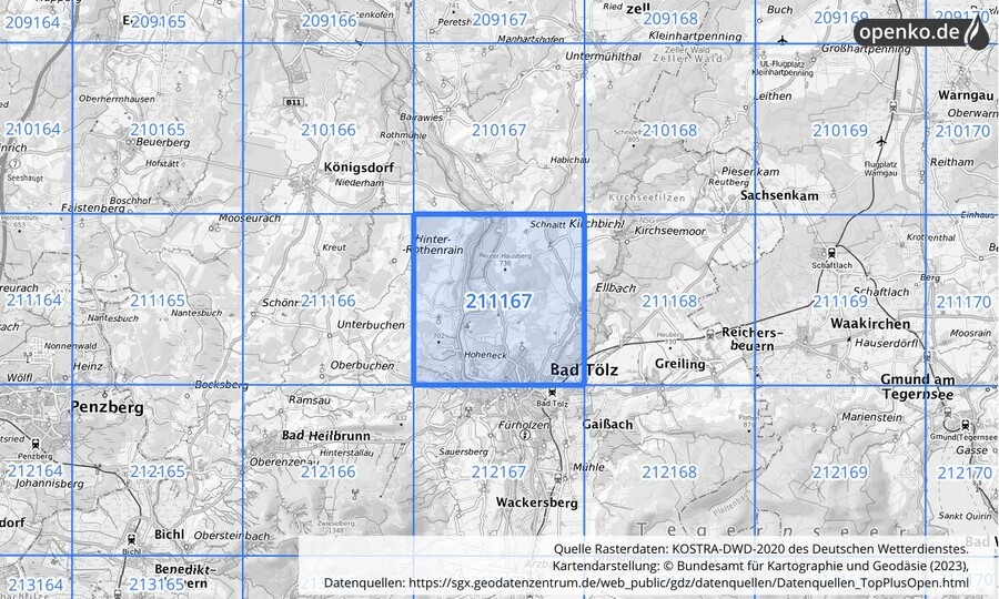 Übersichtskarte des KOSTRA-DWD-2020-Rasterfeldes Nr. 211167