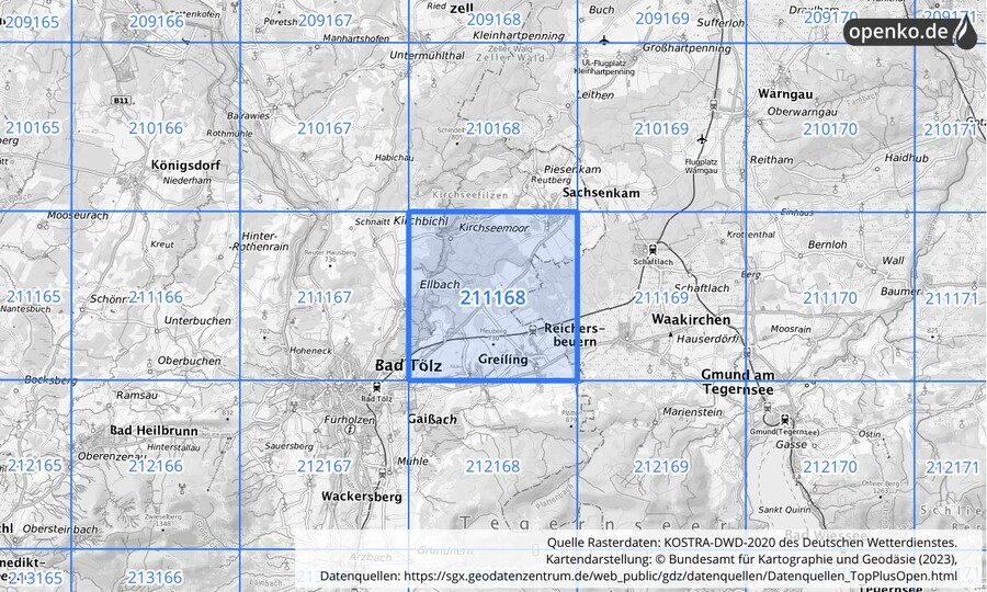 Übersichtskarte des KOSTRA-DWD-2020-Rasterfeldes Nr. 211168