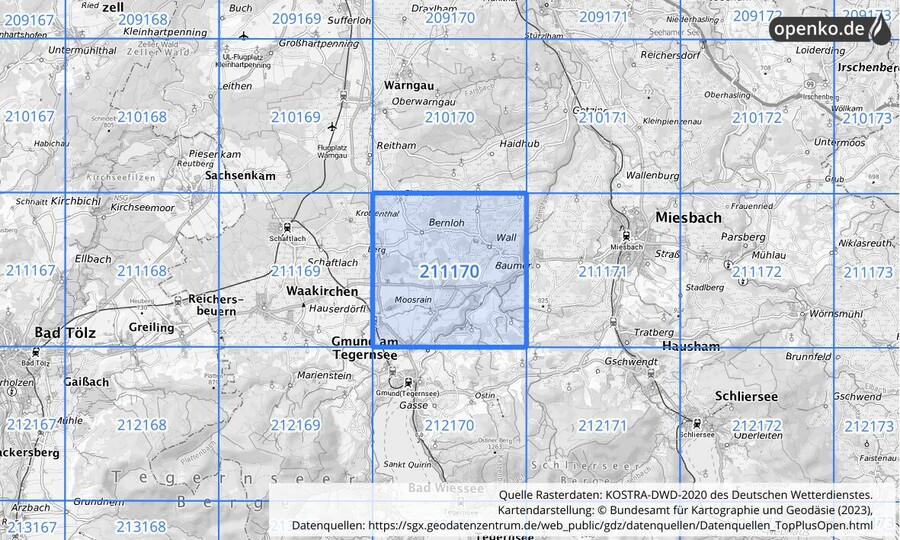 Übersichtskarte des KOSTRA-DWD-2020-Rasterfeldes Nr. 211170