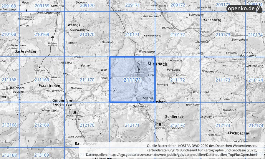 Übersichtskarte des KOSTRA-DWD-2020-Rasterfeldes Nr. 211171