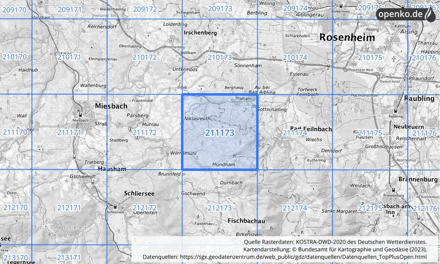 Übersichtskarte des KOSTRA-DWD-2020-Rasterfeldes Nr. 211173