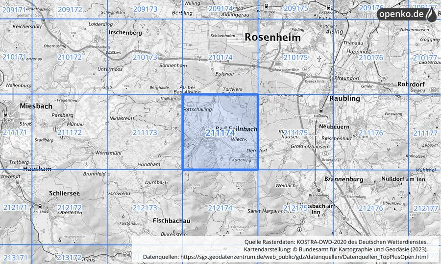 Übersichtskarte des KOSTRA-DWD-2020-Rasterfeldes Nr. 211174