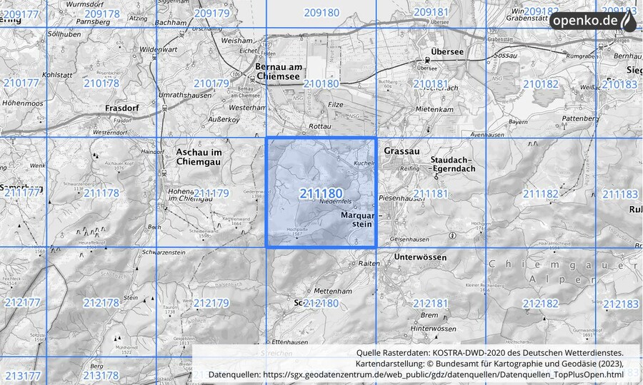 Übersichtskarte des KOSTRA-DWD-2020-Rasterfeldes Nr. 211180