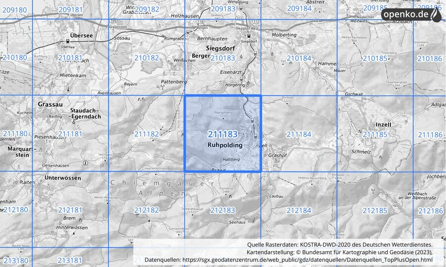 Übersichtskarte des KOSTRA-DWD-2020-Rasterfeldes Nr. 211183