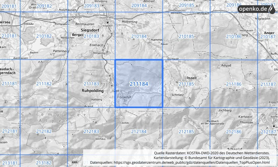 Übersichtskarte des KOSTRA-DWD-2020-Rasterfeldes Nr. 211184