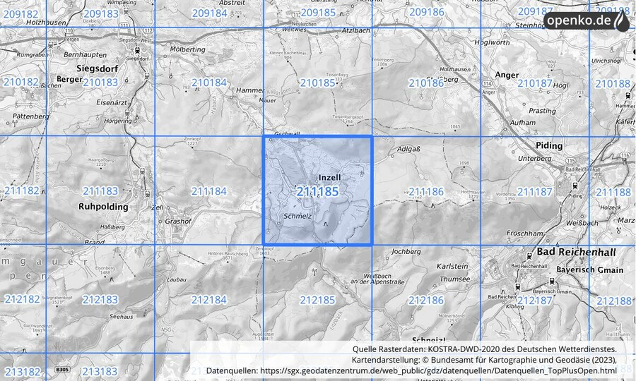 Übersichtskarte des KOSTRA-DWD-2020-Rasterfeldes Nr. 211185