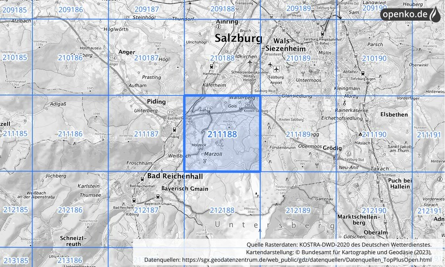 Übersichtskarte des KOSTRA-DWD-2020-Rasterfeldes Nr. 211188