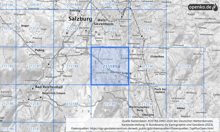 Übersichtskarte des KOSTRA-DWD-2020-Rasterfeldes Nr. 211189