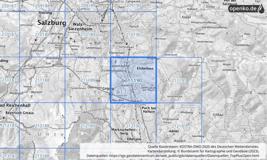 Übersichtskarte des KOSTRA-DWD-2020-Rasterfeldes Nr. 211190