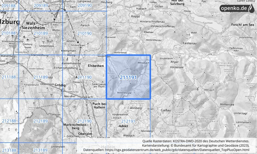 Übersichtskarte des KOSTRA-DWD-2020-Rasterfeldes Nr. 211191