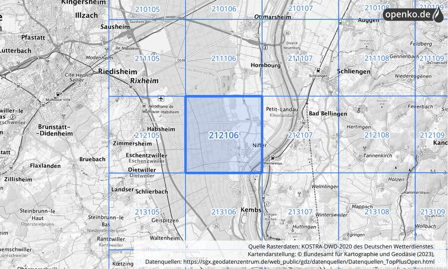 Übersichtskarte des KOSTRA-DWD-2020-Rasterfeldes Nr. 212106