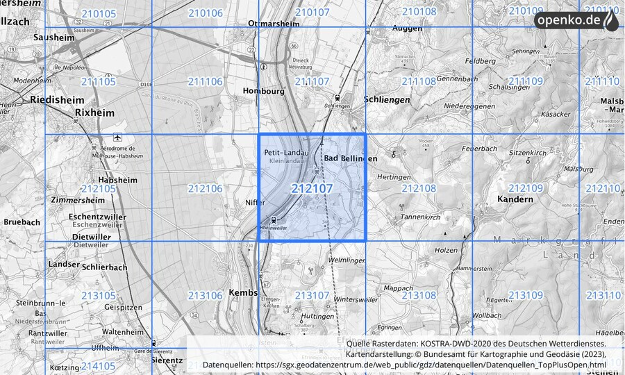 Übersichtskarte des KOSTRA-DWD-2020-Rasterfeldes Nr. 212107