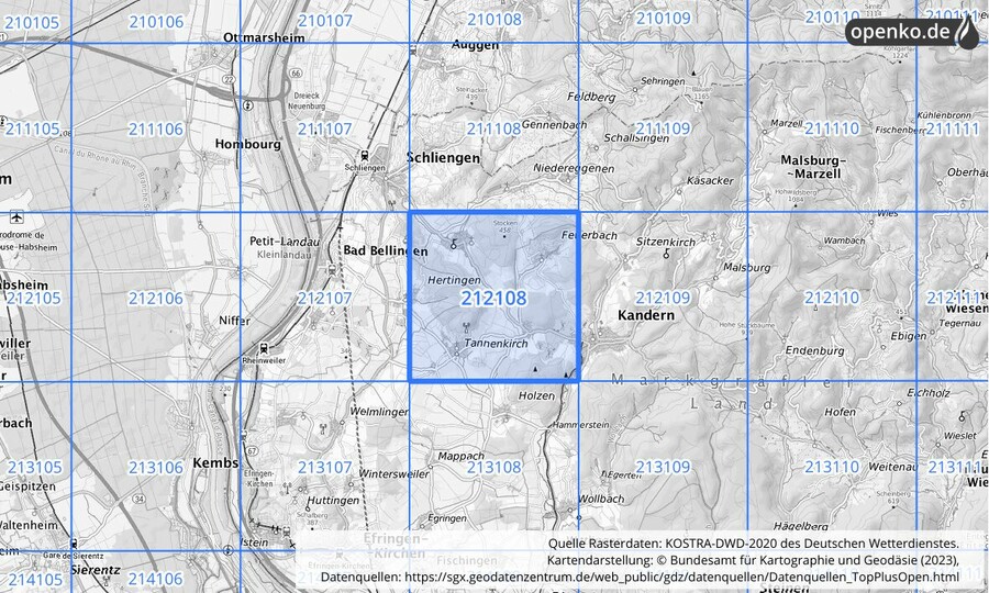 Übersichtskarte des KOSTRA-DWD-2020-Rasterfeldes Nr. 212108